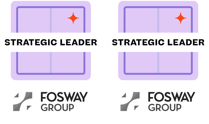 2つの同じグラフィックがあり、それぞれにきらめきがあしらわれた紫色のバッジ、「STRATEGIC LEADER（戦略的リーダー）」という文字、Fosway Groupのロゴが描かれている。