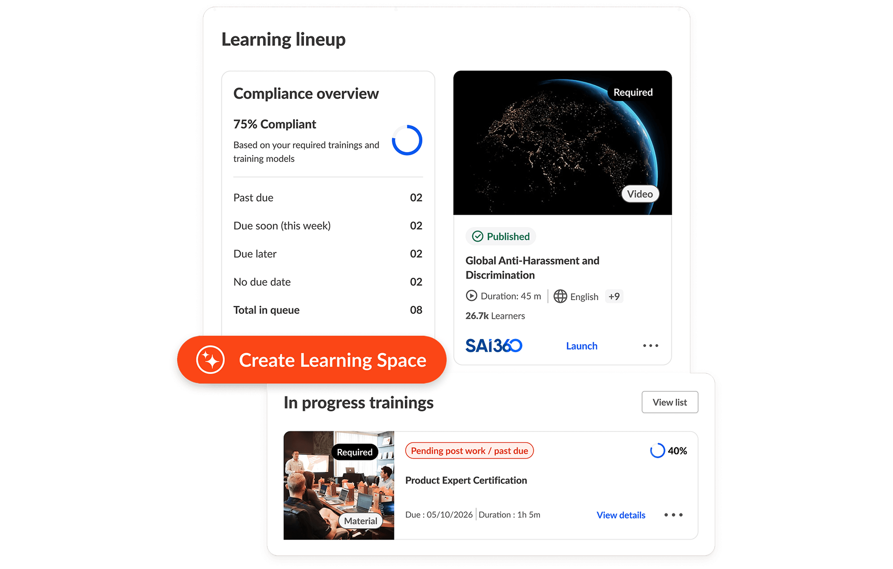コンプライアンスの概要、さまざまなトレーニングモジュール、および目立つ「Create Learning Space(学習スペースを作成)」ボタンが表示されている学習プラットフォームのインターフェース。