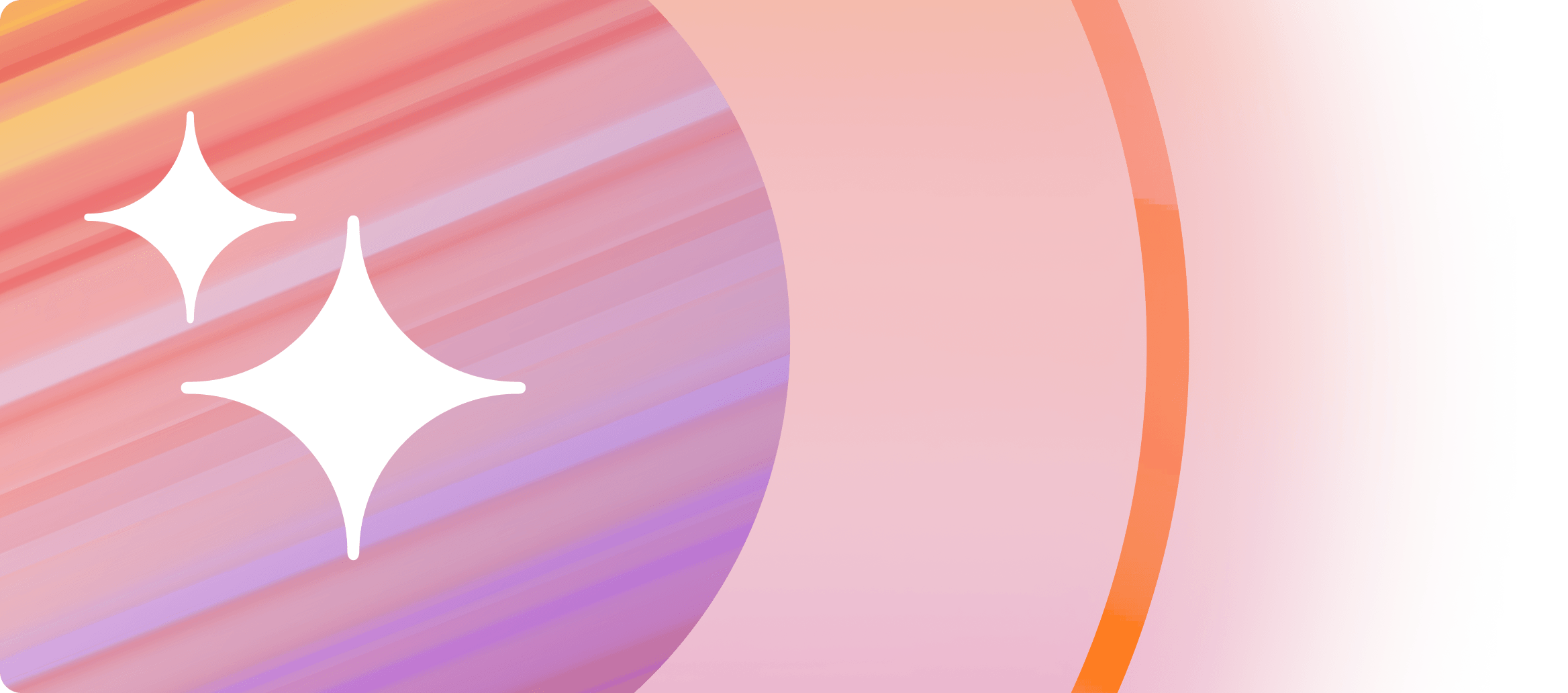 Diseño abstracto con dos íconos de destellos blancos sobre franjas diagonales coloridas y un degradado curvado grande.