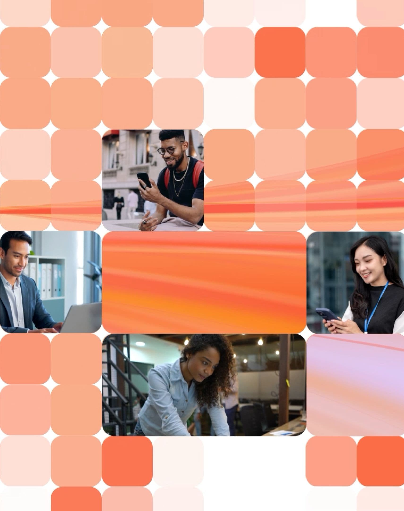 A collage of diverse people using phones and laptops, interspersed with orange and white squares and gradients.