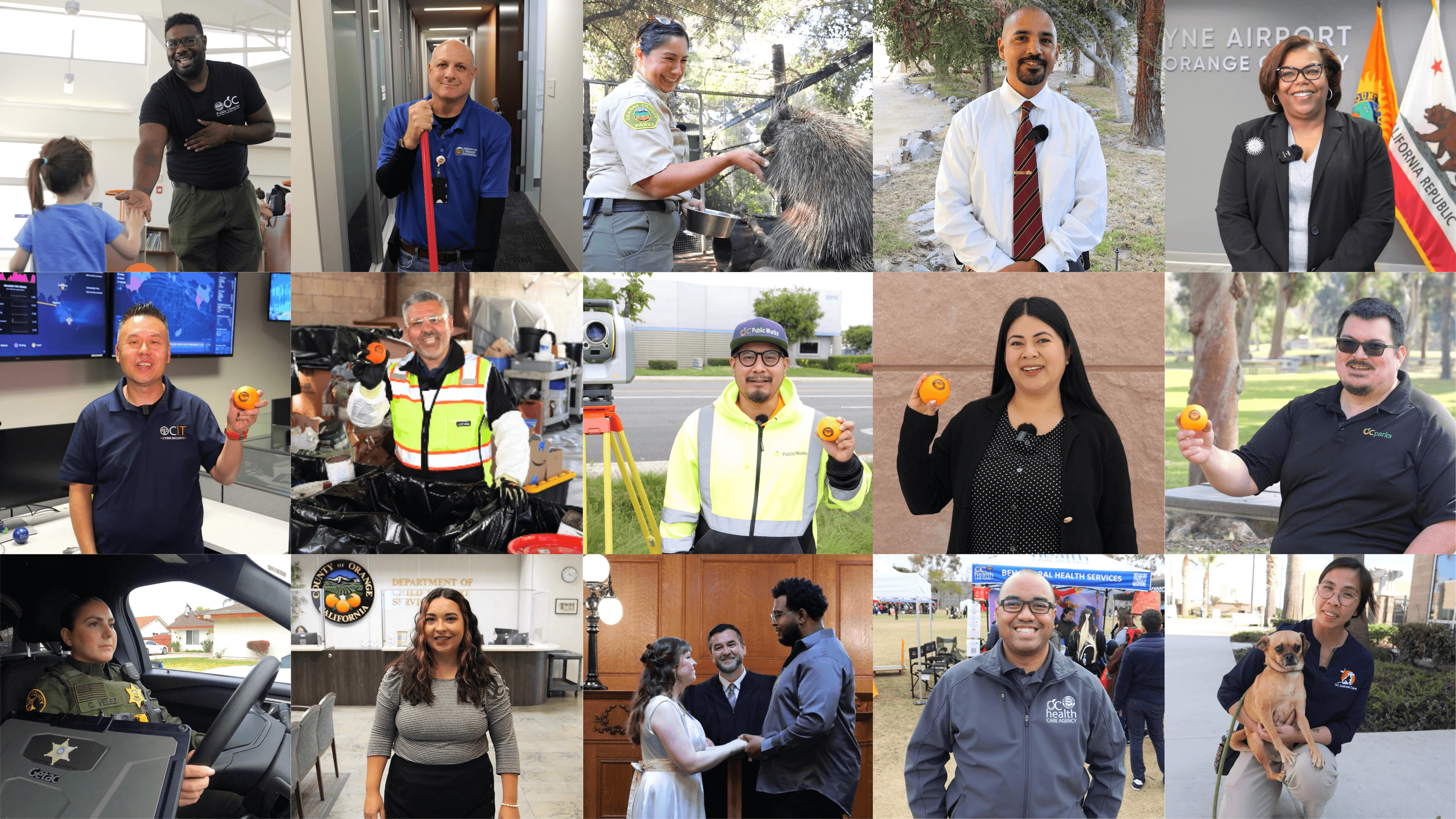 A collage of diverse individuals in various settings, many smiling, and some holding oranges.